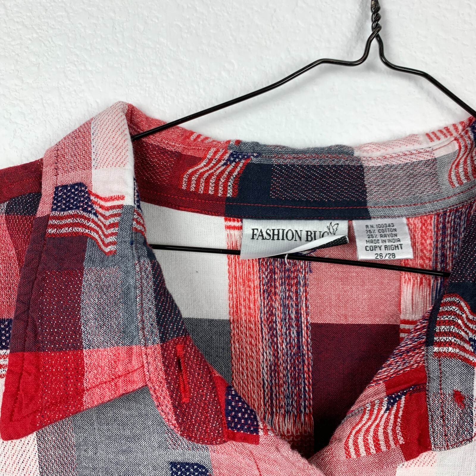 Vintage 90s Fashion Bug 4th of July Patriotic Red White Blue Plaid Shirt 26/28