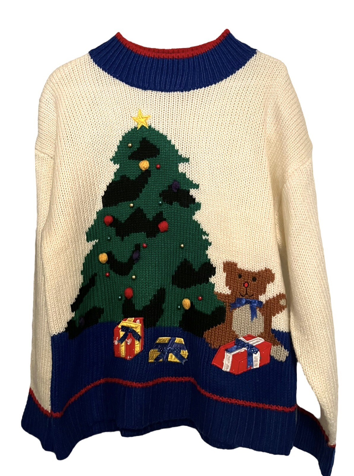 Hasting & Smith Vintage Ugly Christmas Tree Sweater Holiday Bear Knit Present L