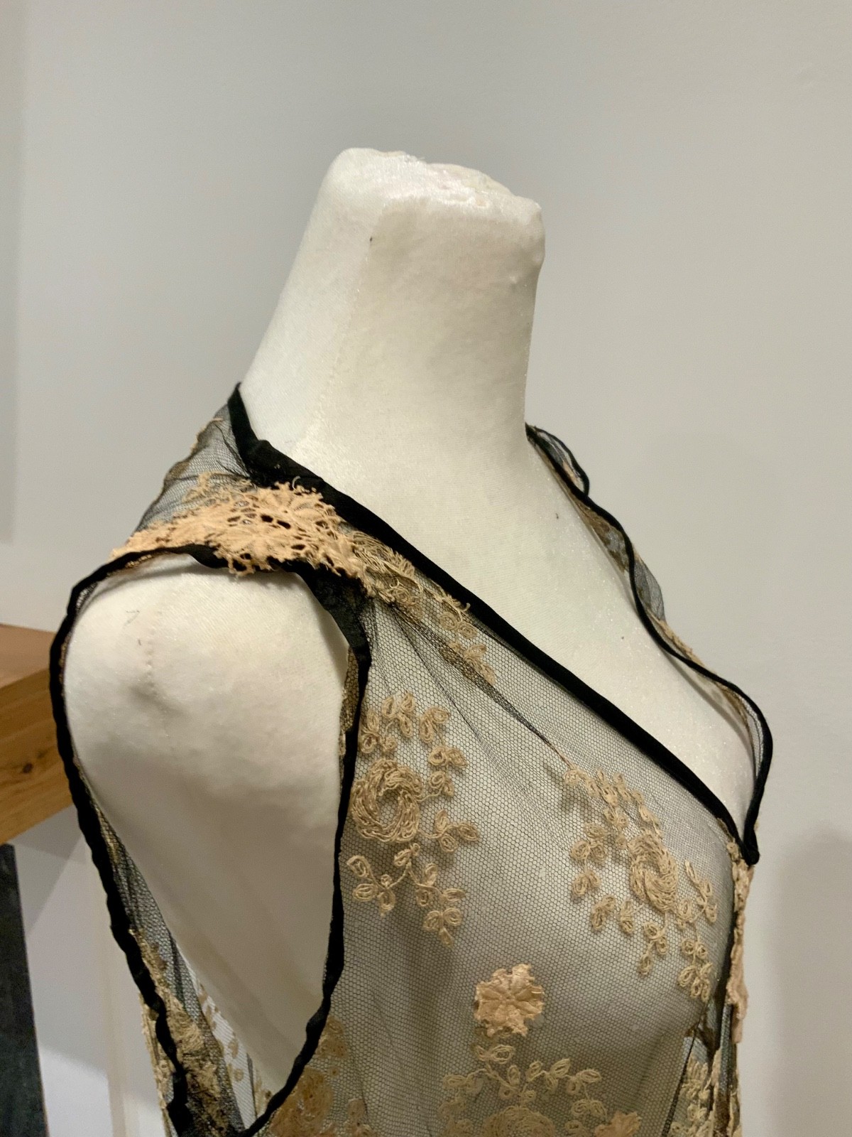 Rare 1920s French Lace Dress. Black Net & Pink Floral Embroidery. Restored S