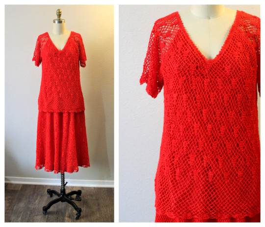 Vintage 1970s Thumbs Up Red Crochet Lace Acrylic Knit Skirt Top Blouse Dress Set