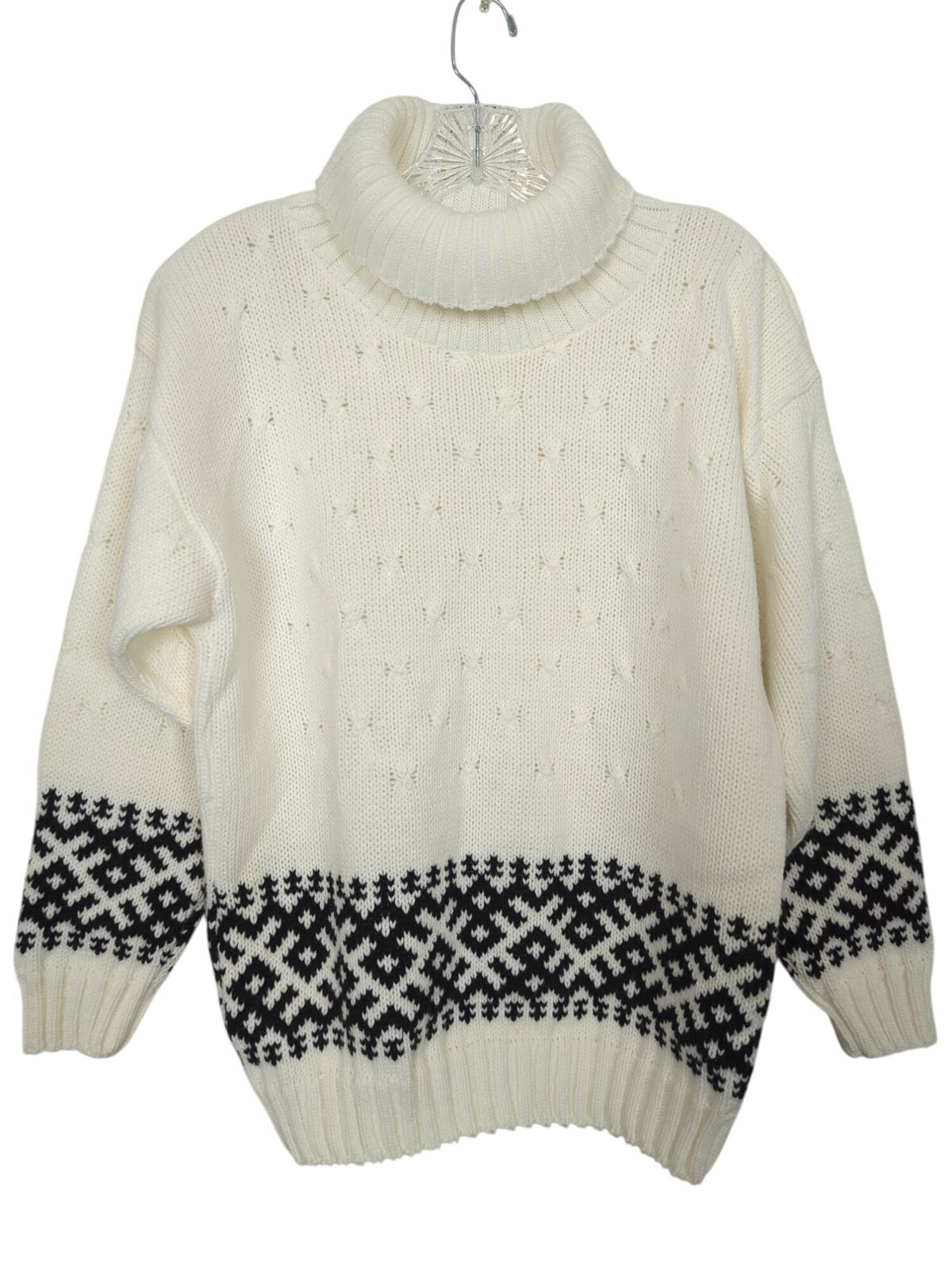 Vintage JOLIE Nordic Sweater With Turtleneck & Black Geometric Pattern sz M / L