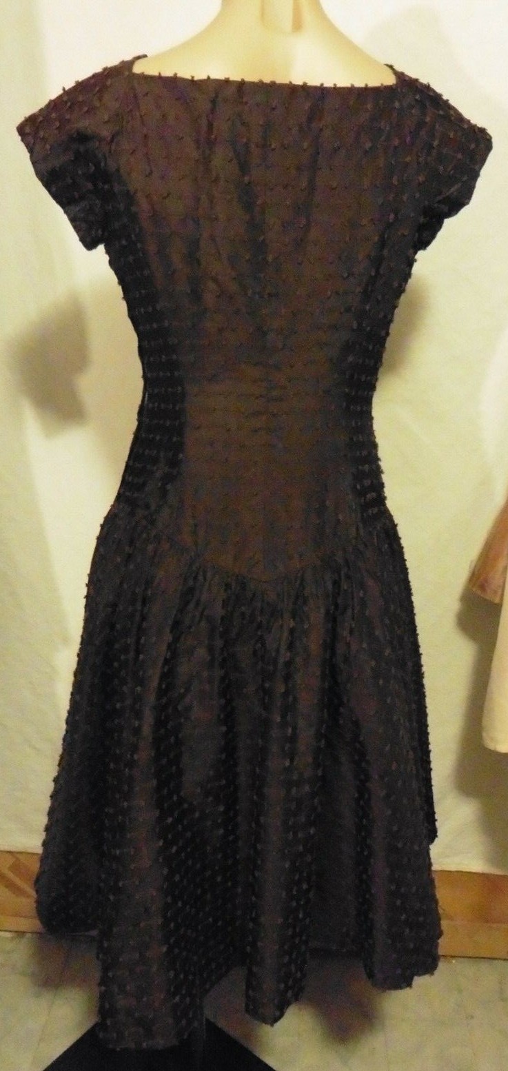 40s Dark Chocolate Brown Drop Waist Tufted Nubby Taffeta Party Dress sz S