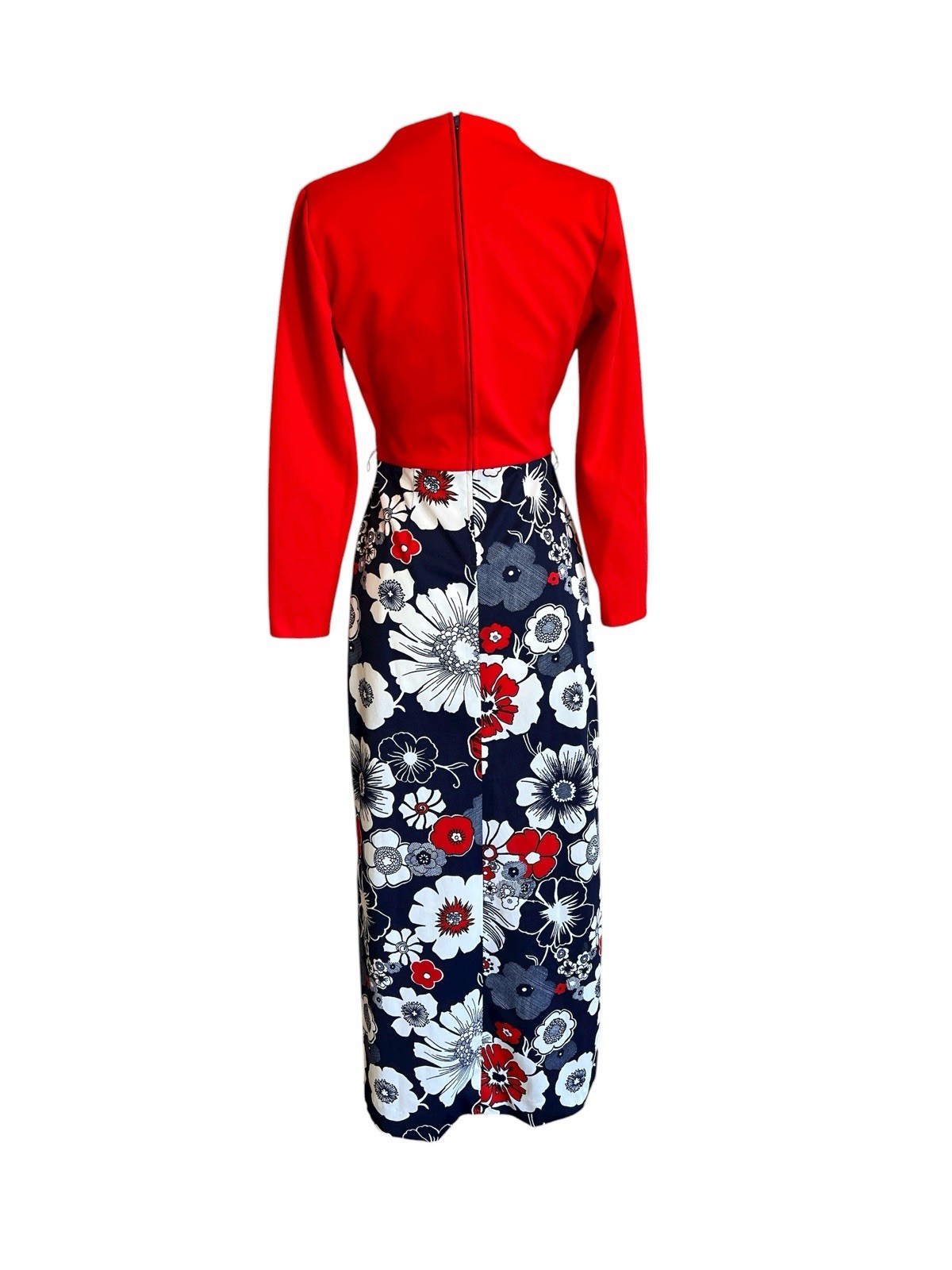 Vintage 1970s Flutterbye Blue Red Floral Mod Maxi V Neck Dress-size S- No Sz Tag