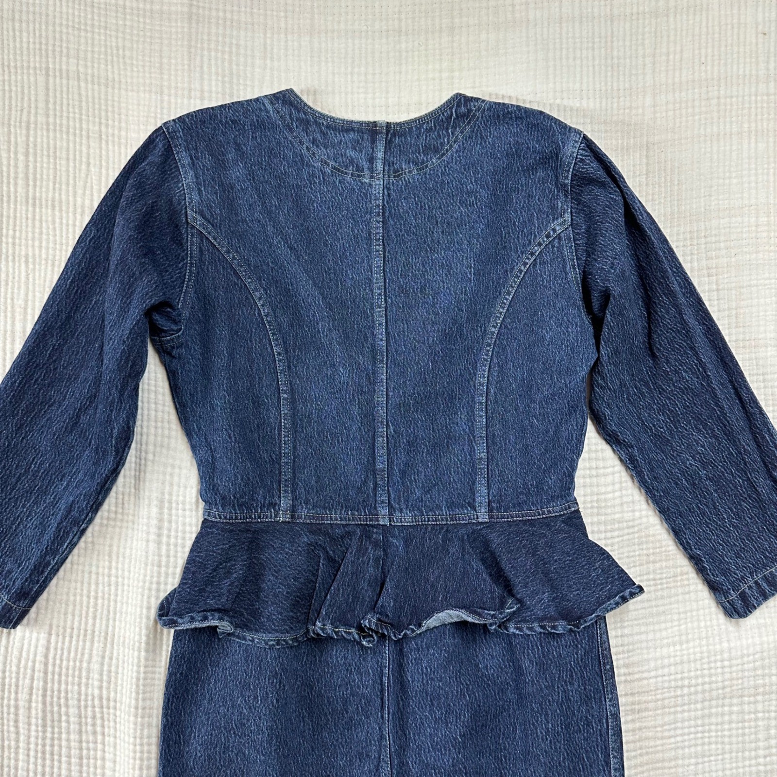 Betsy’s Things 90s VTG Denim Peplum Button Front Midi Dress Dark Wash Blue Sz 7