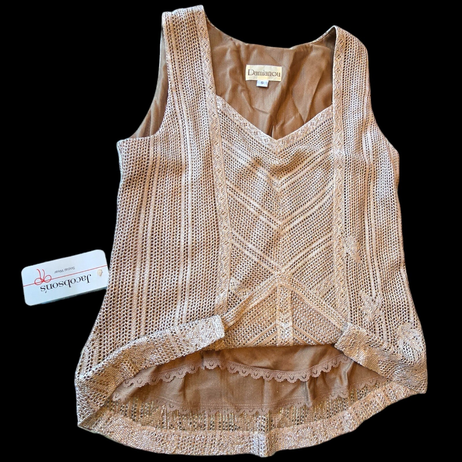 New Vintage Damianou Golden Knit 3 PC Set Skirt Jacket Top S Deco Look