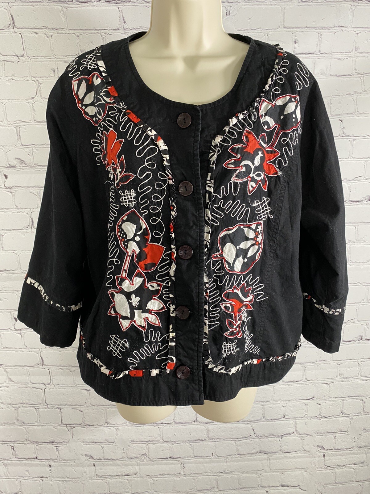 Vintage Choices Black Red White Floral Embroidered Button Up Top Jacket Shirt XL