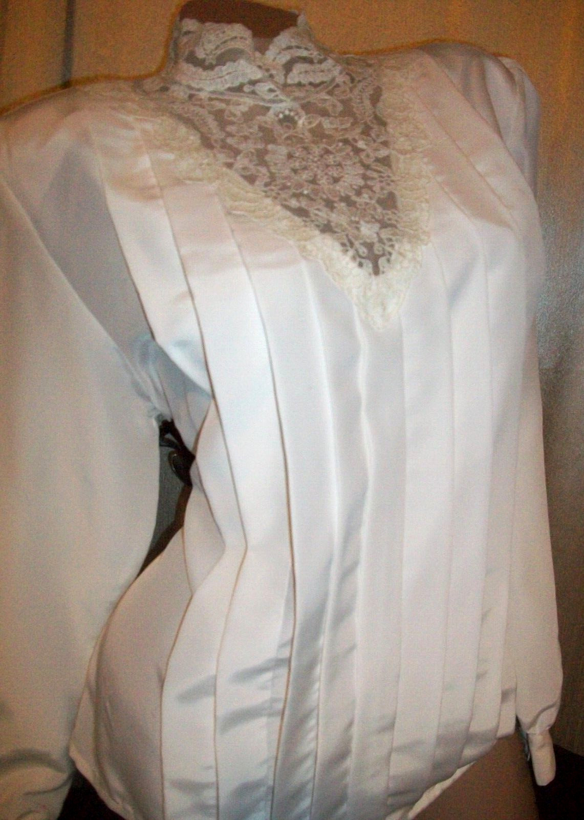 Vtg Victorian Lace Front Pleats Satin Secretary Blouse Top