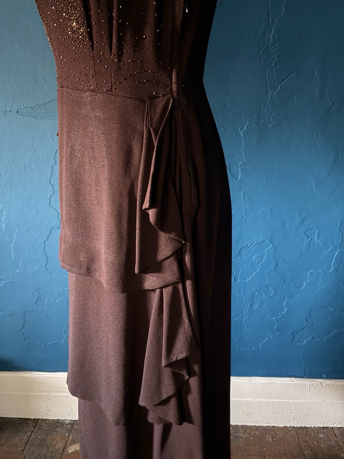 1940’s Rayon Beaded Crepe Chocolate Brown Dress By La Rue 28-29”