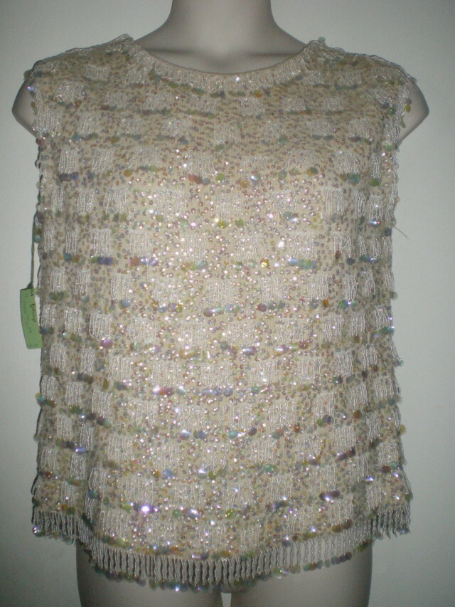 Vintage HEAVILY BEADED TOP L Sequin OCCASION Hong Kong DRESSY Sleeveless LARGE