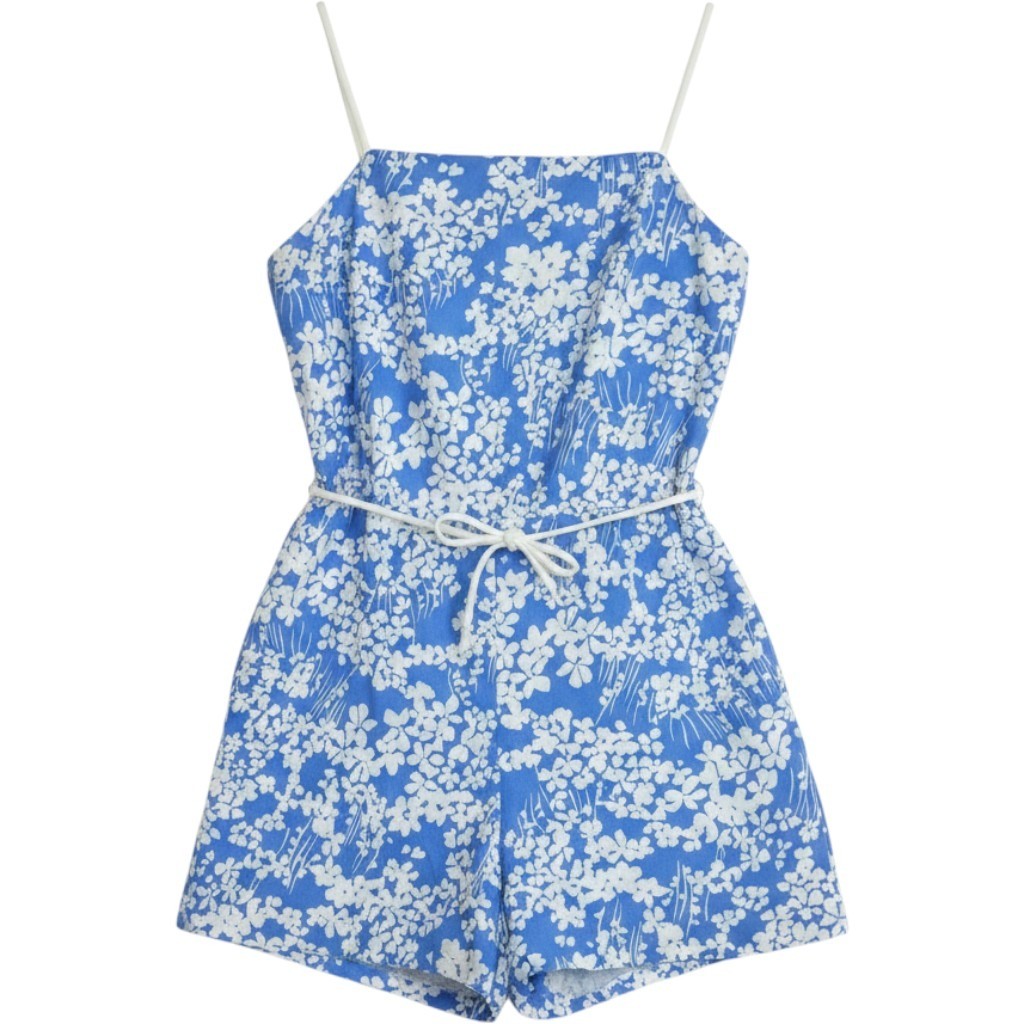 Vintage Sea Waves Blue Floral Romper Smocked Back Size 8 10 Medium