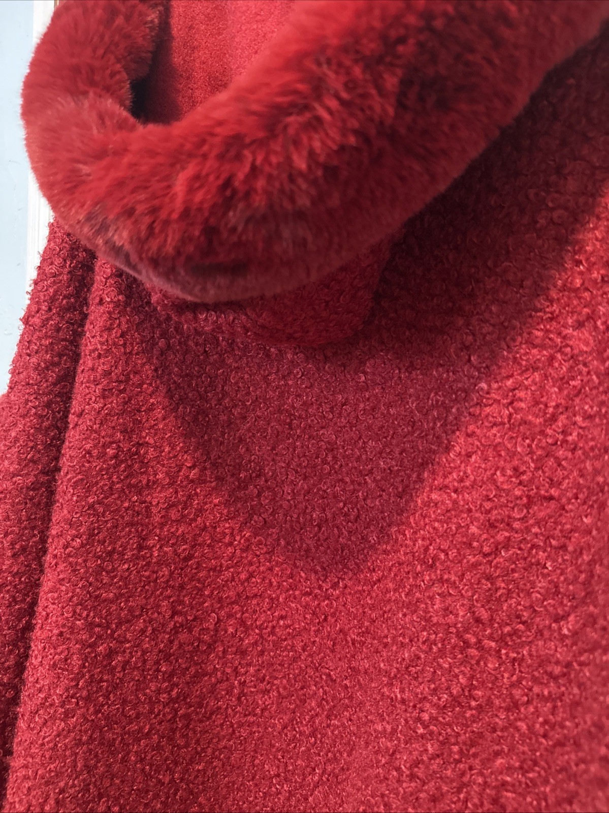 Cranberry Red Bouclé Cardigan Luxury Faux Fur Bouclé Cape Cotton Wool Blend OS