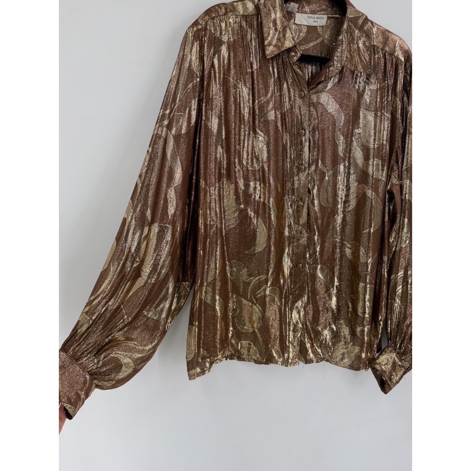 Nina Ricci Blouse Womens 16 Bronze Gold Metallic Lurex 80s Vintage Glam Disco