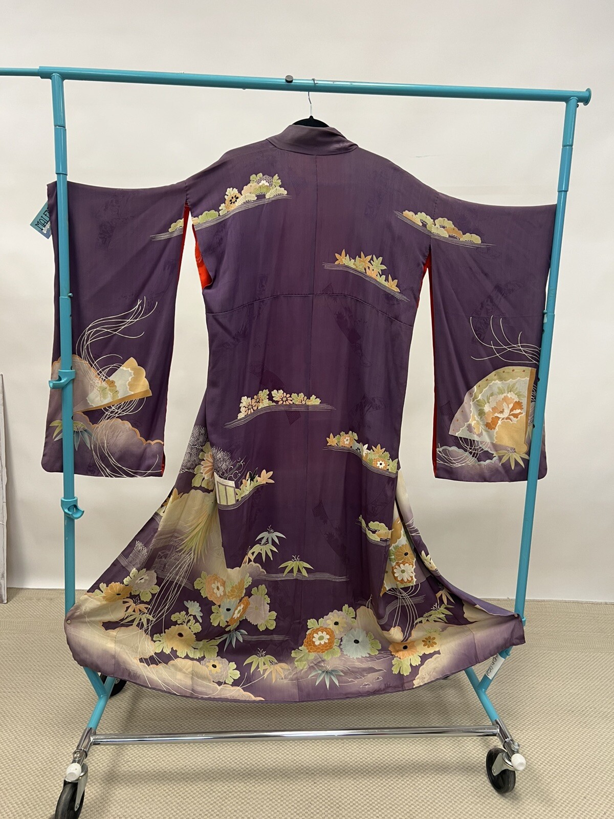 Antique Japanese 1920s Purple Silk Kimono Robe Floral Print Jacquard AS IS