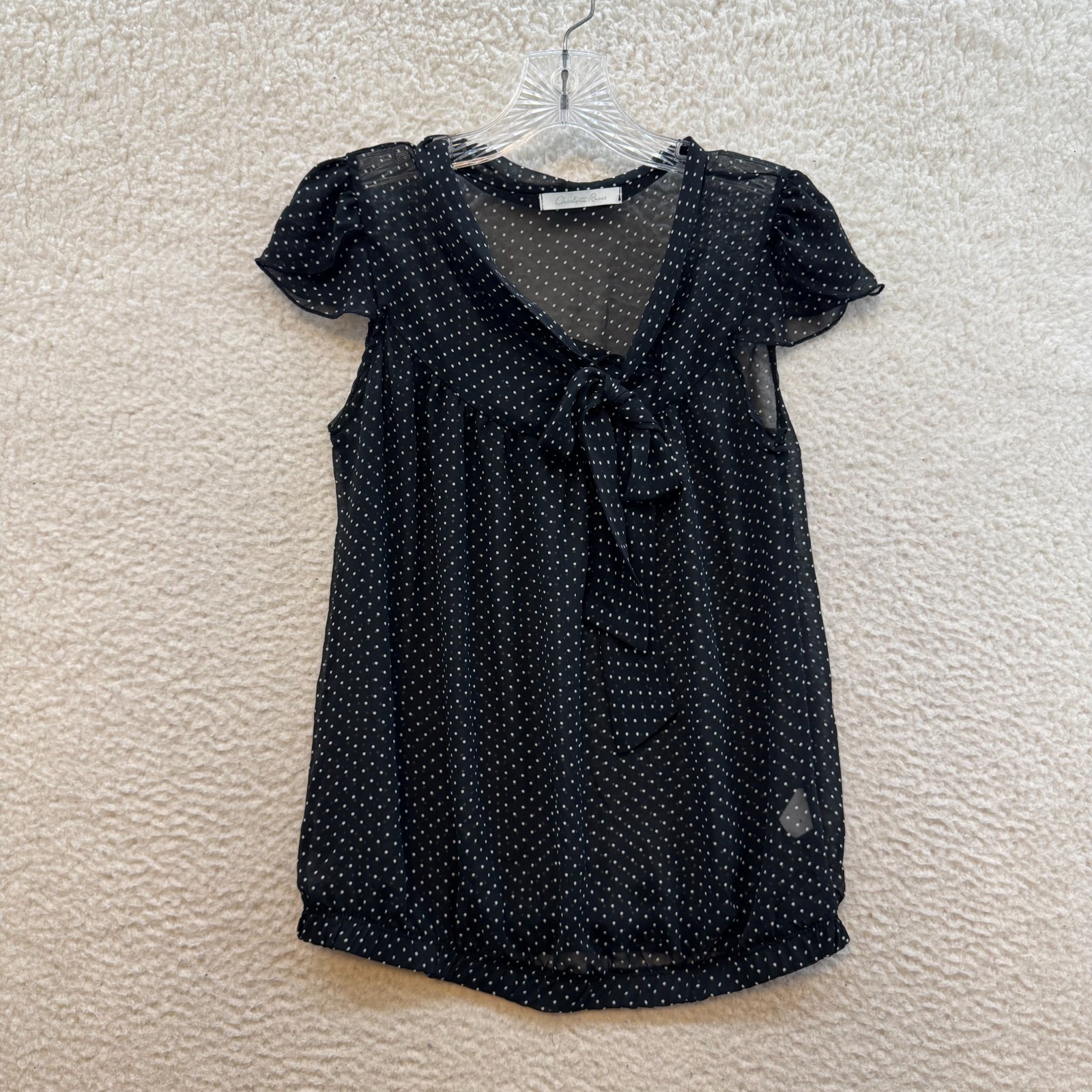 Y2K Vintage Mesh Top Medium Black Polka Dot Milkmaid Peasant Boho Fairy Grunge