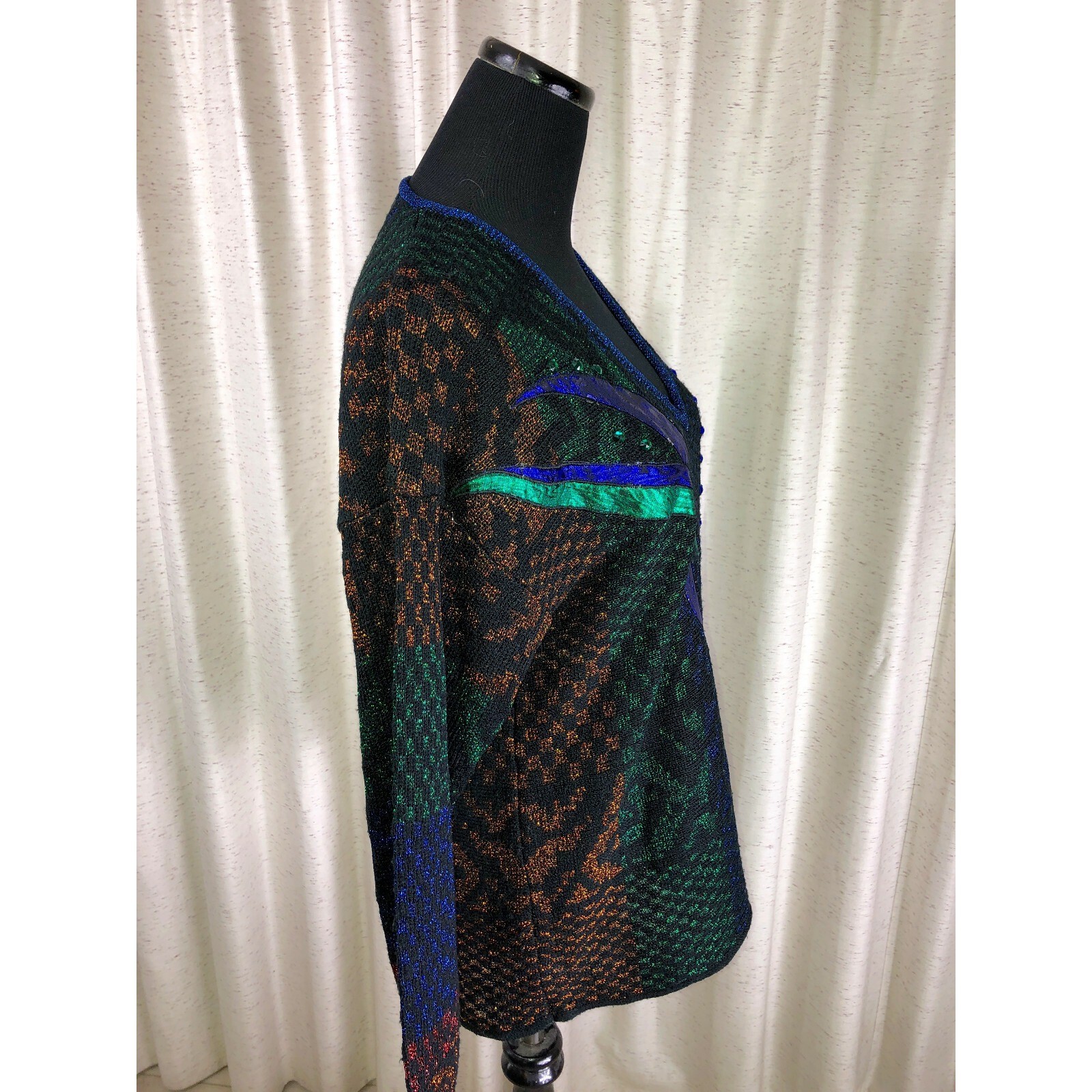 Vintage Beaded Sweater Ann Wi Black Multi-color Metallic Acrylic Beads Size M