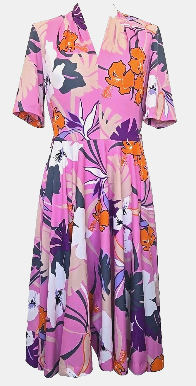 Psychedelic Tropical Floral Monstera Hibiscus Vneck Midi Hawaiin Dress S/M