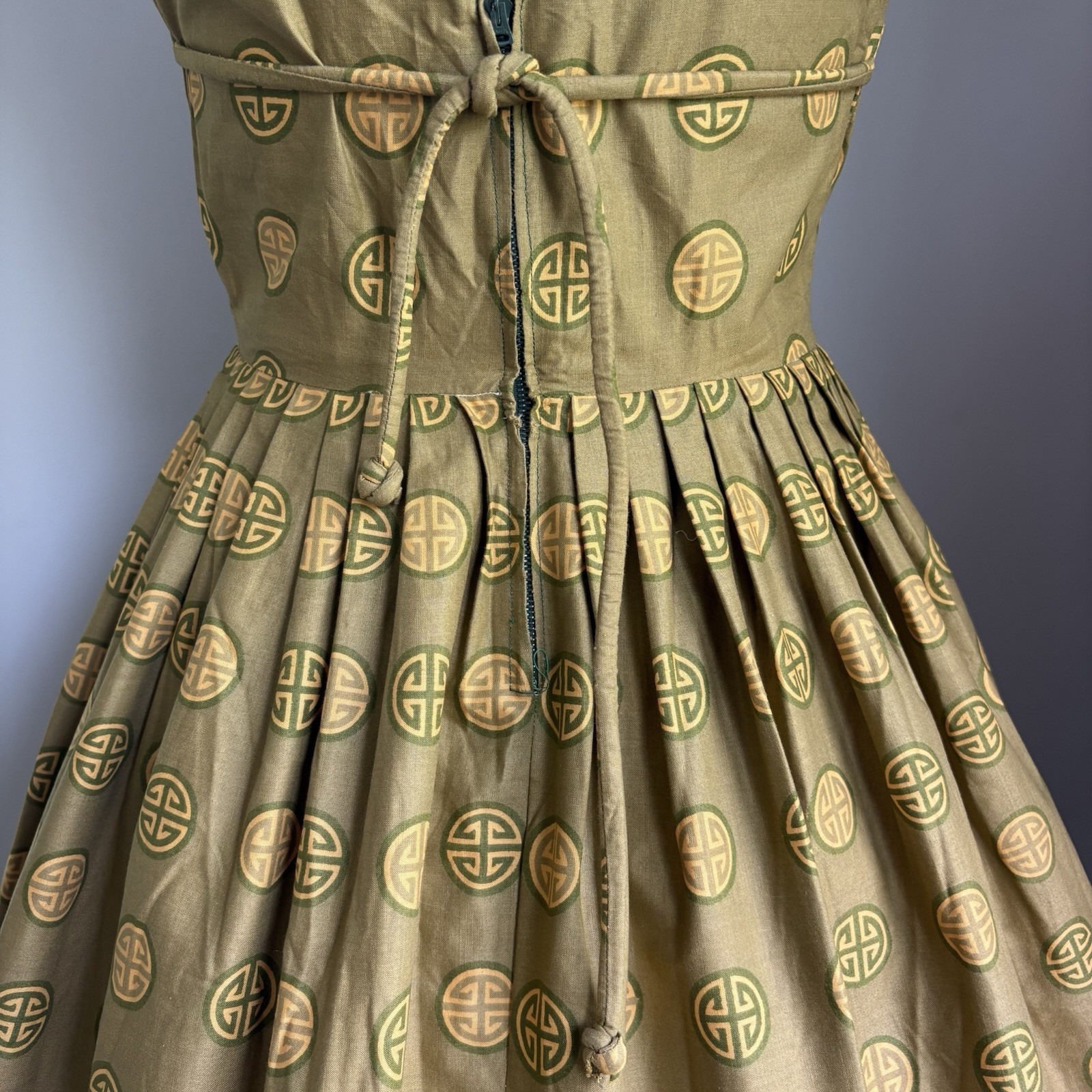 Vintage 1950’s Cotton Chinese Good Fortune Longevity Print Sun Dress Size XS
