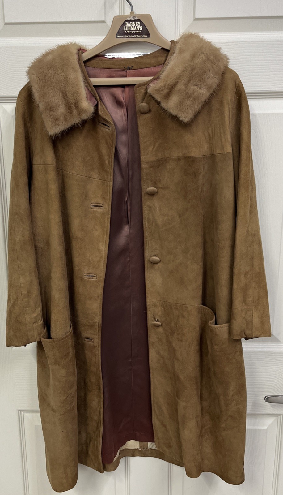 VTG 50-60’s Brown Suede Leather Mink Fur Collar Mid Length Coat Women’s