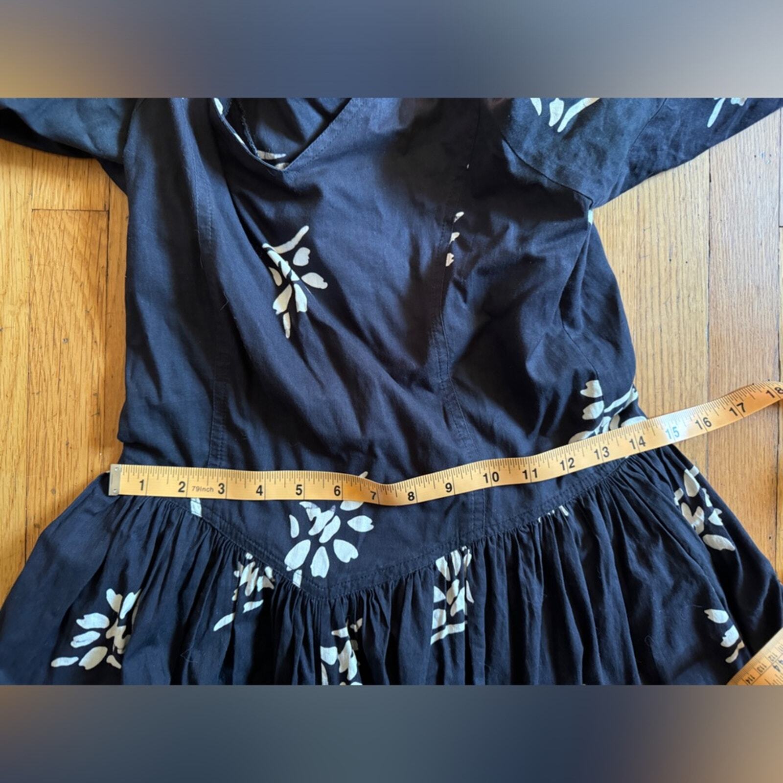 80s Does 50s Vintage Long Sleeve Black Cotton Fit and Flare Dress