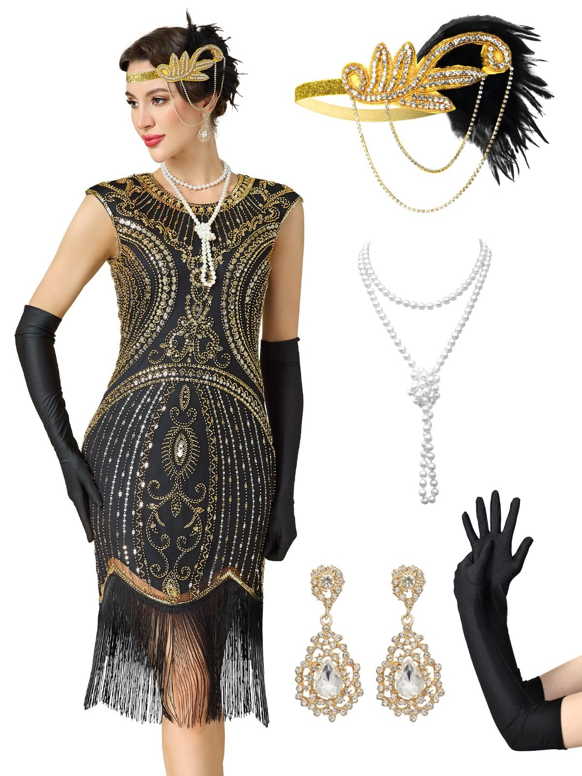 1920s Women’s Flapper Dress Great Gatsby Sequin Fringed Cocktail Outfit + Access