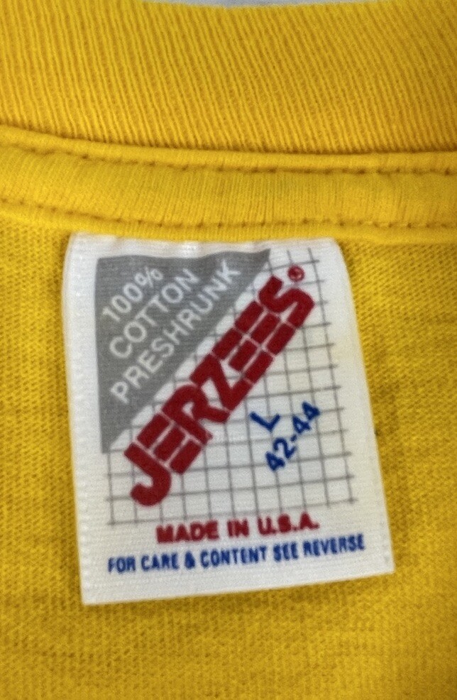 Bright Yellow 1980’s Print Jerzees Women’s T Shirt L 42-44 USA Colorful Glitter