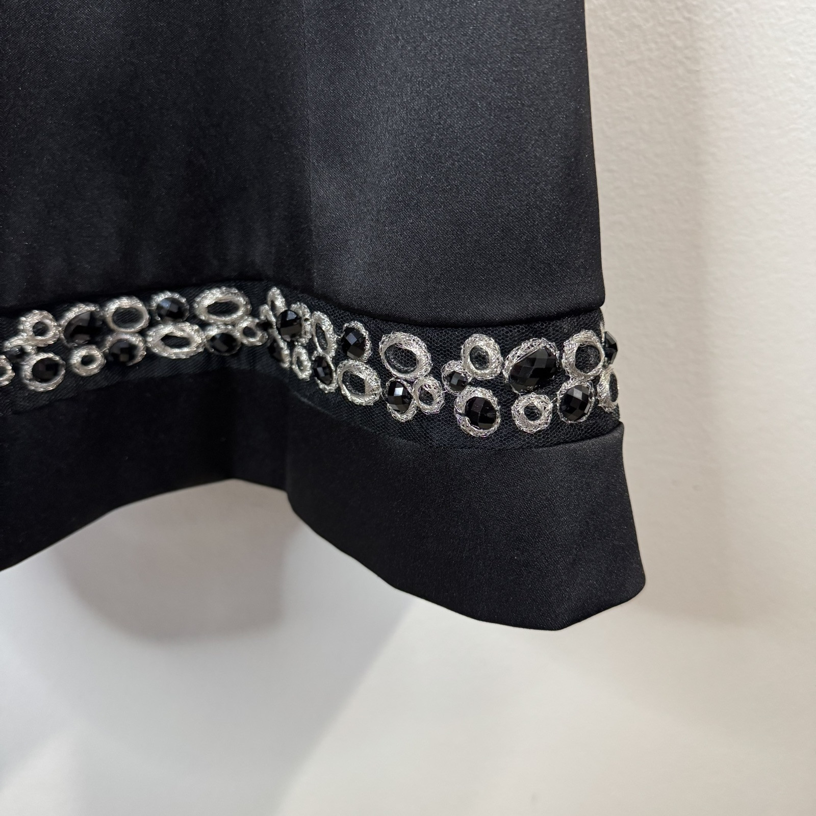 Vintage 90s Y2K Jones Wear Dress 8 Black Satin Swing Beaded Square Neck Cocktail