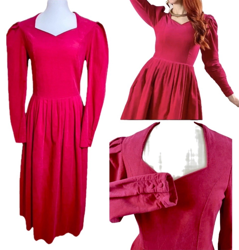 Vintage Laura Ashley Dress 6 80s 90s Modest Raspberry Pink Long Corduroy Cotton