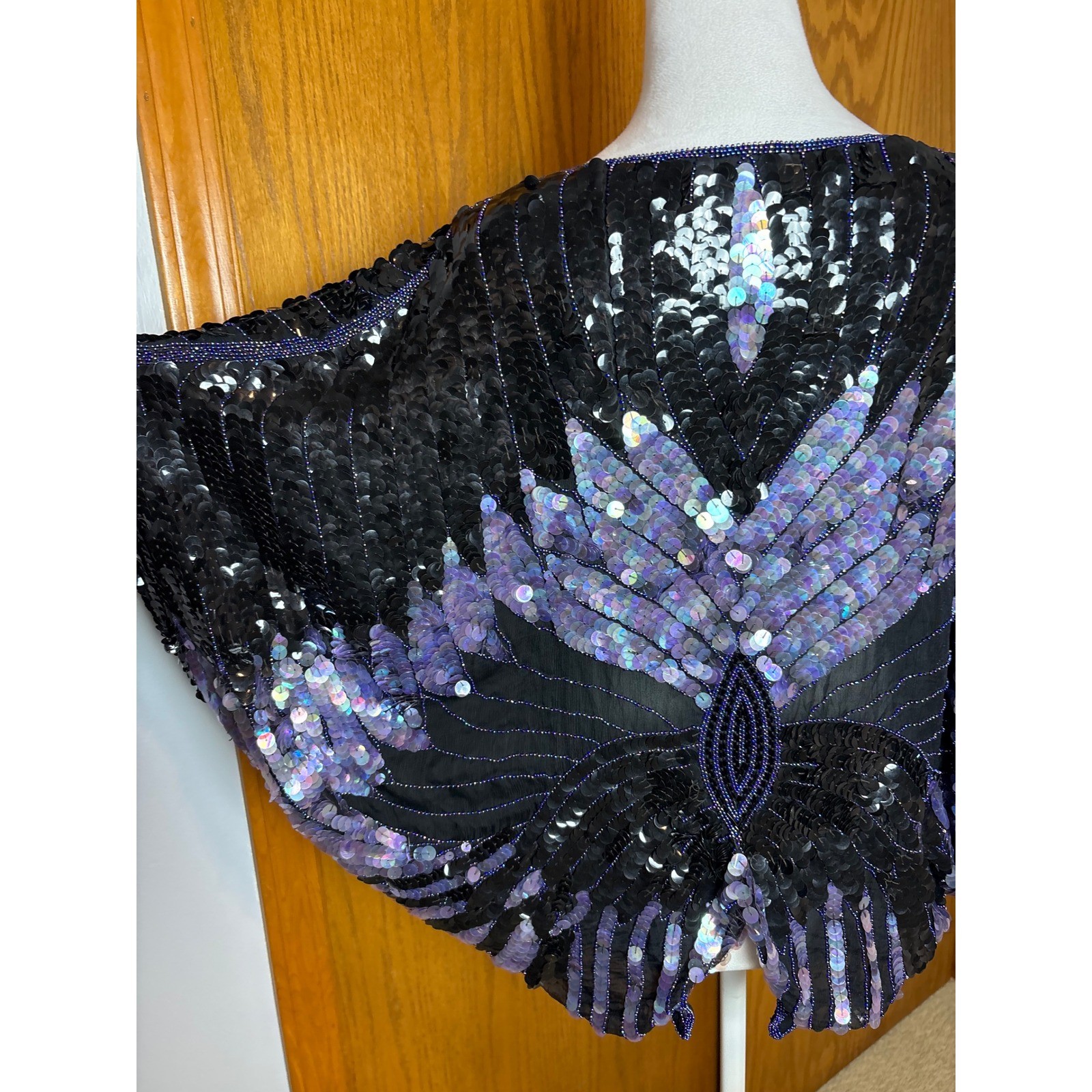 Shomax Vintage Silk Sequin Butterfly Top Iridescent Purple Beaded Batwing Blouse