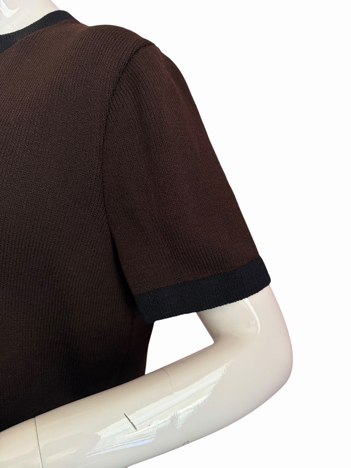 VTG St John Santana Knit Top Mock Neck Pullover LARGE Short Sleeve Brown Black