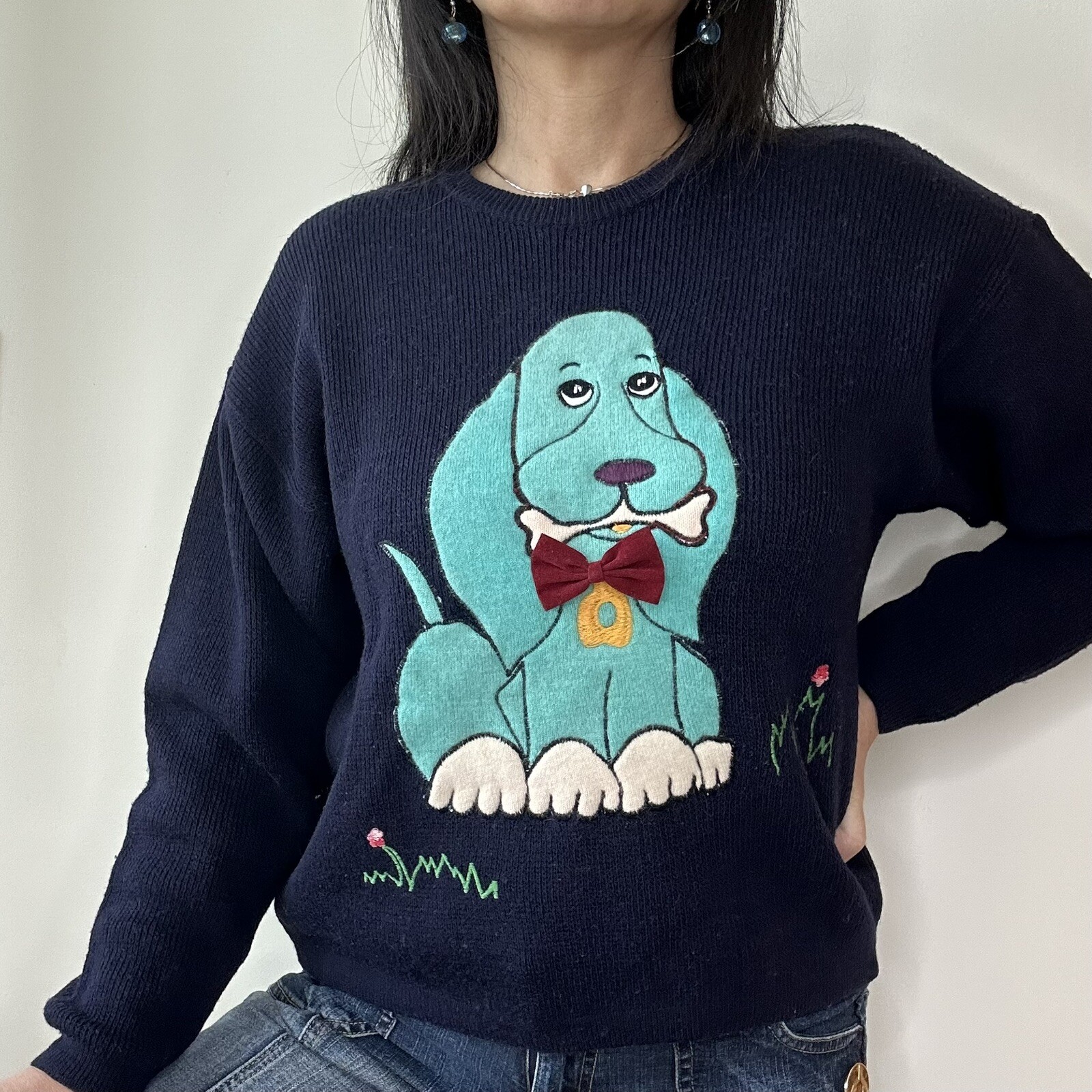 Vintage 80’sVicunol embroidered appliqued dog sweater from Argentina