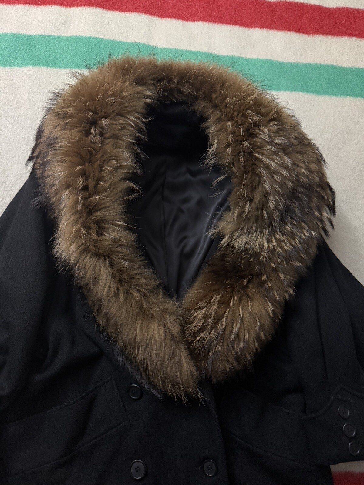 Vintage Gemini Black Full Length Wool Coat Jacket Finncoon Raccoon Fur Collar XL