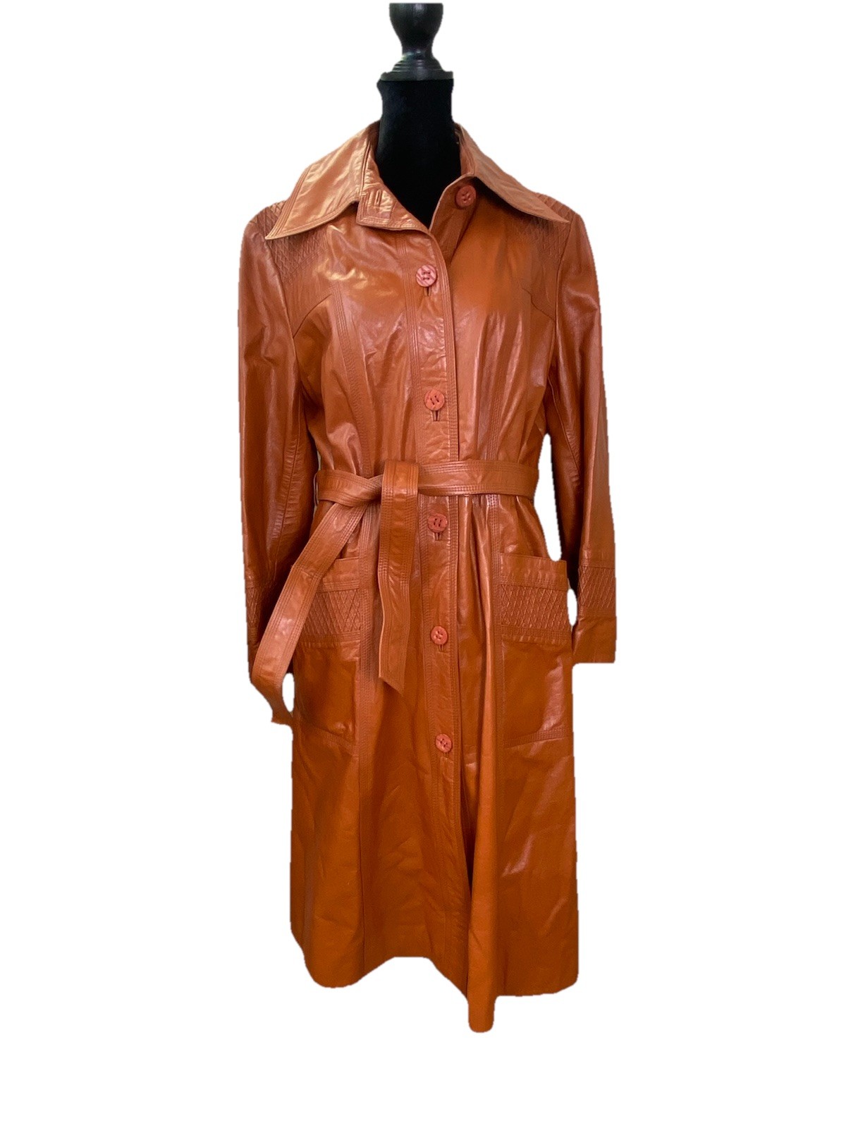 Vintage 1970s Suburban Heritage Leather Terracotta Dagger Collar Coat Bust 36