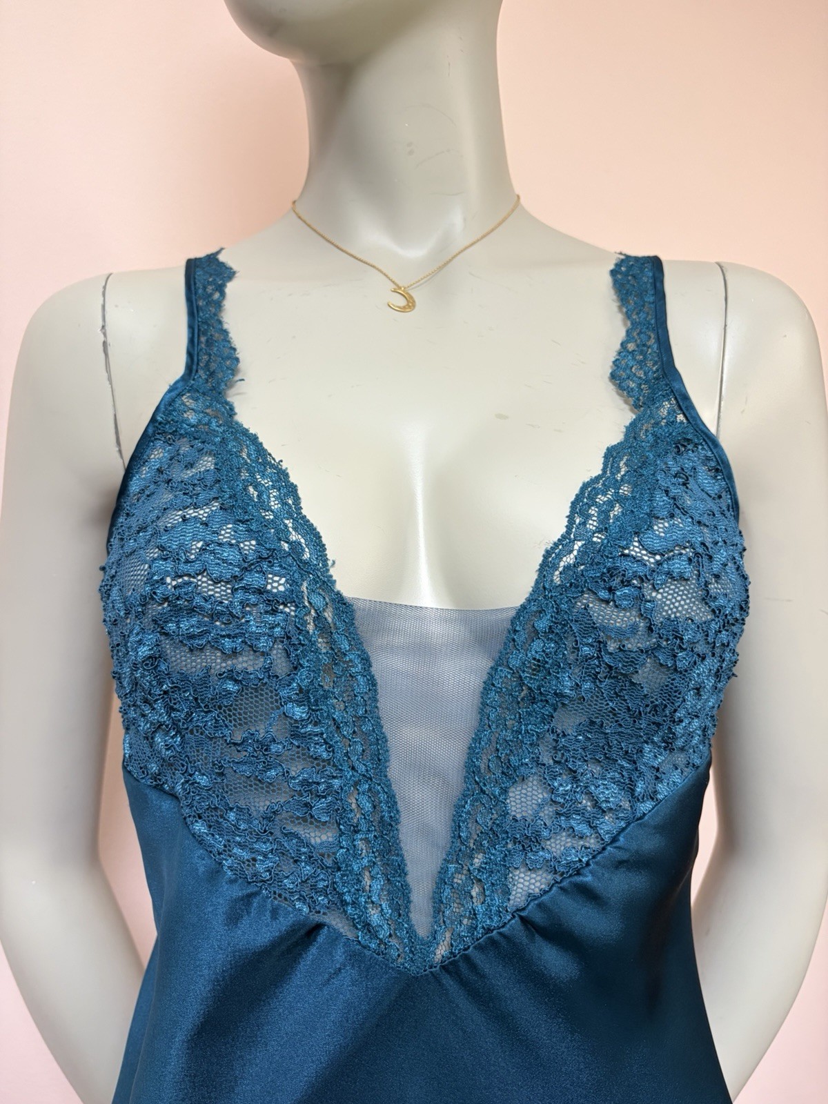 VTG 80s 90s Victorias Secret Gold Label Teal Satin Slip Dress Gown Sheer Lace S