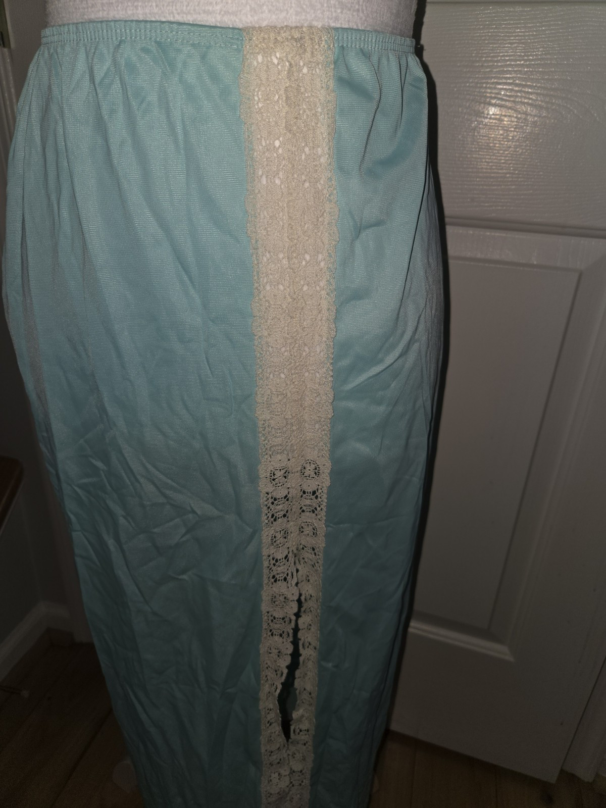 Vtg. Sears Long Light Blue Lace Elastic Waist Side Slit Slip Skirt Medium