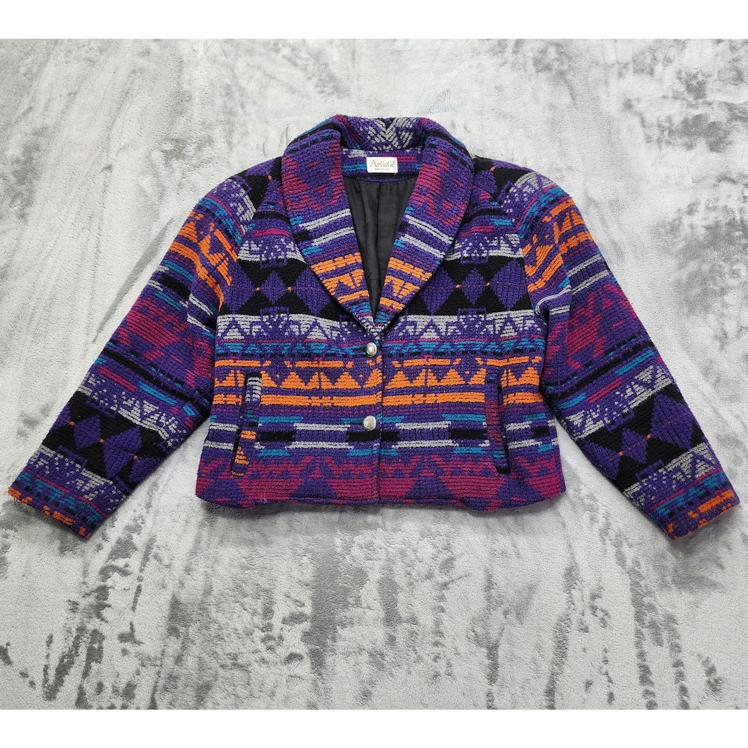 Vintage 90s Artistic Coat Womens 7/8 Multicolor Southwestern Wool Blend Crop