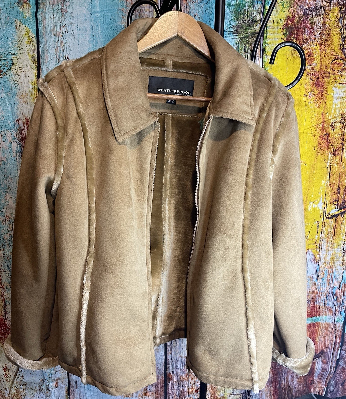 Weatherproof Women’s XL Aviator Jacket Tan Faux Shearling BOEING Back Logo
