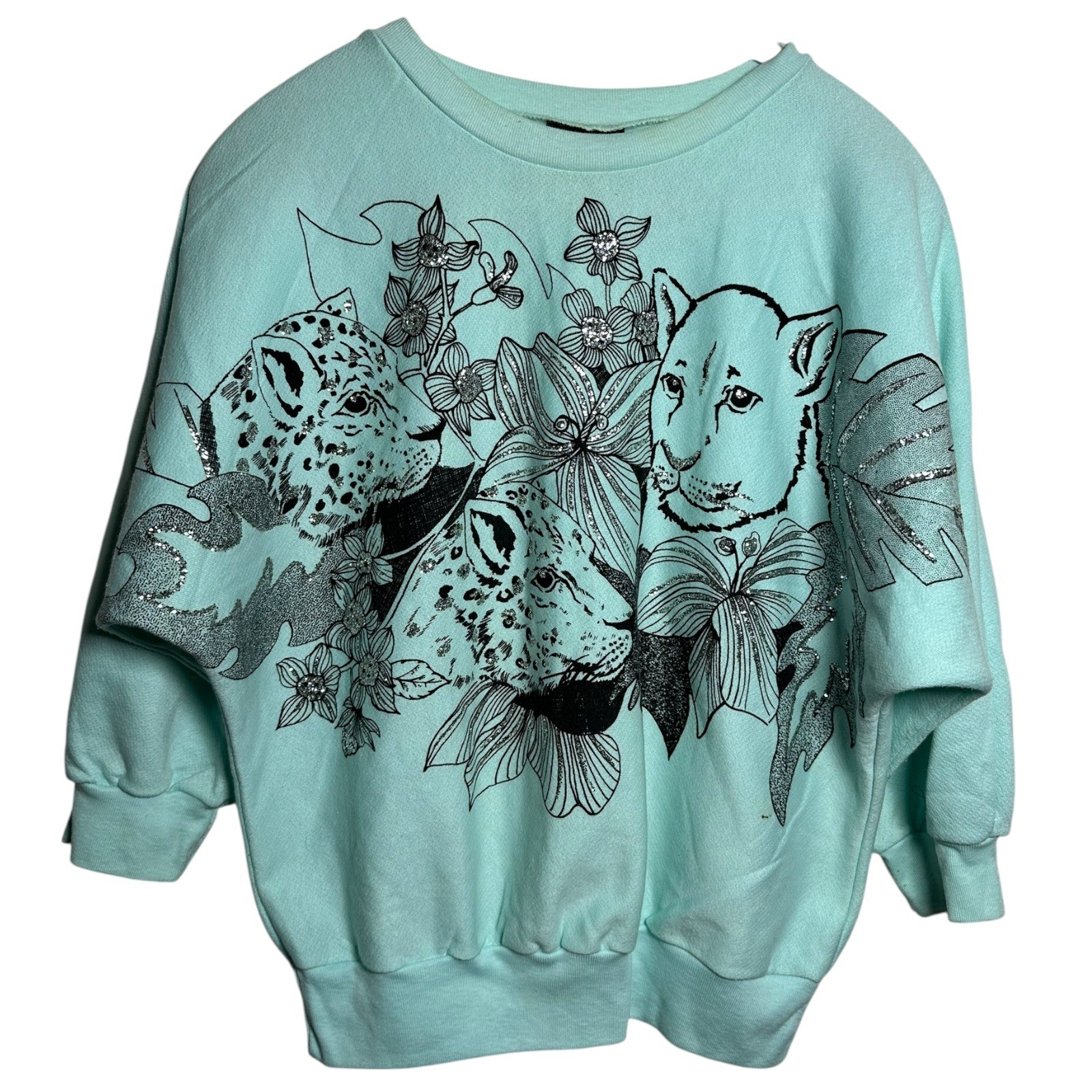 Electric Knit Co. Animal Blue Glitter Leopard Sweatshirt Medium 80s 90s Vintage