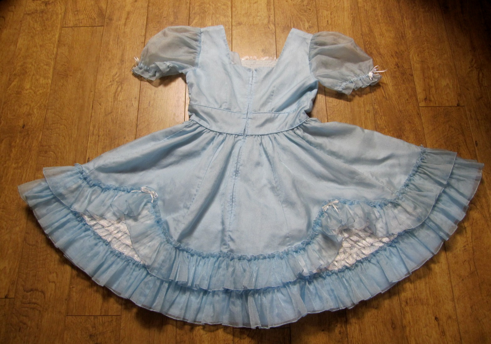 Vtg SQUARE DANCE PRAIRIE DRESS Blue Organza Ruffles Rows of White Lace Sz 12/14