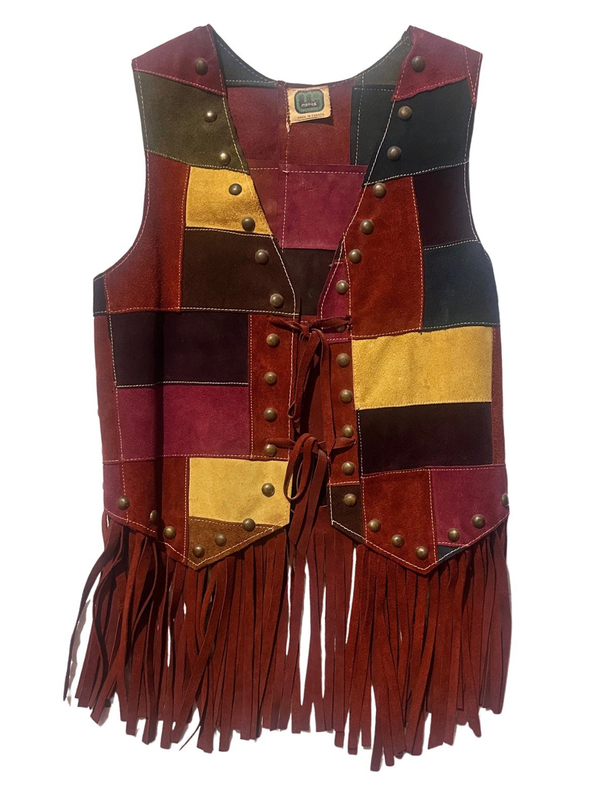 VINTAGE 1968 MONICA CANADA Suede Patchwork Fringe Vest Woodstock Hippie Rocker S