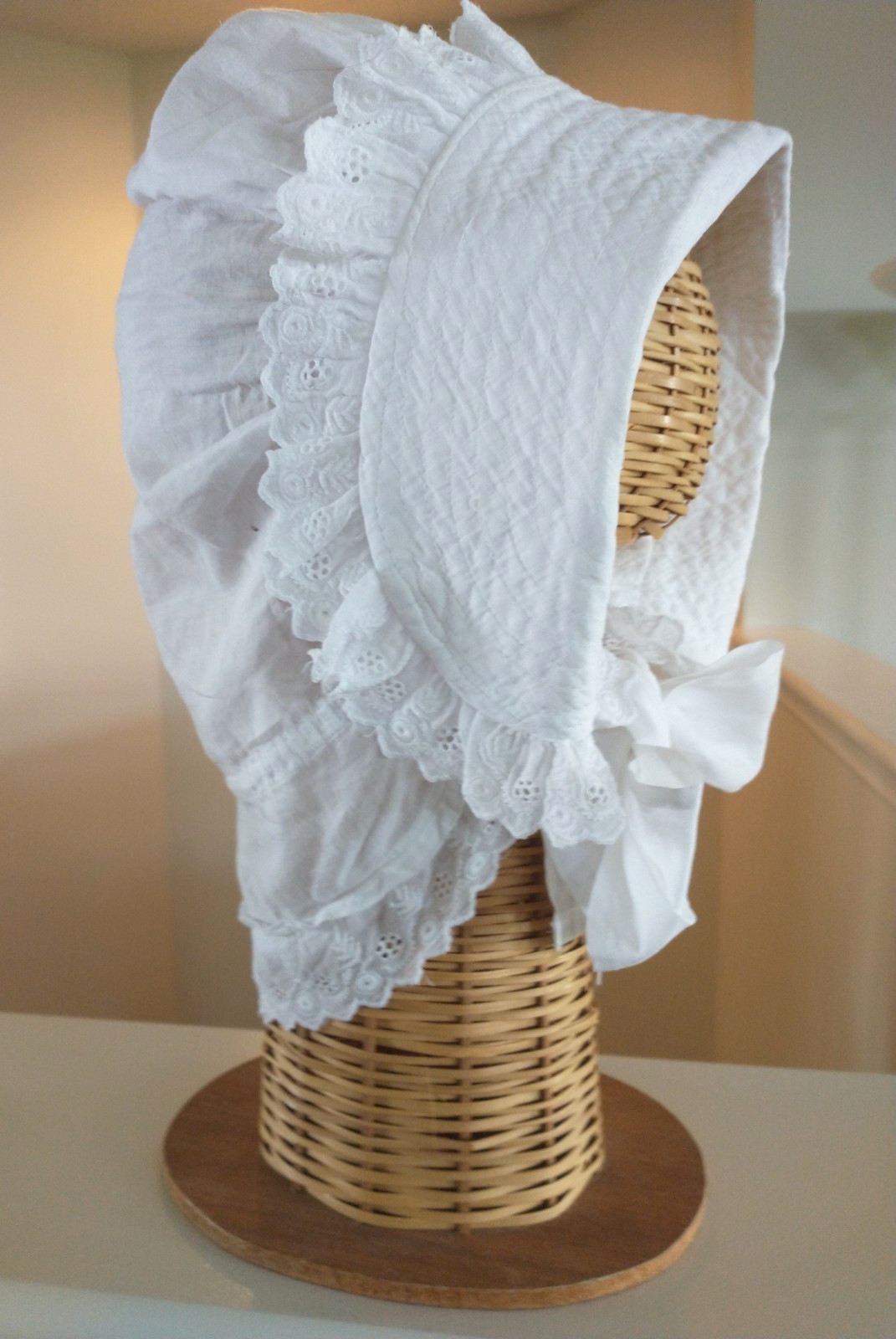 Antique Victorian White Cotton Sleep Bonnet – Nightcap W/ Eyelet