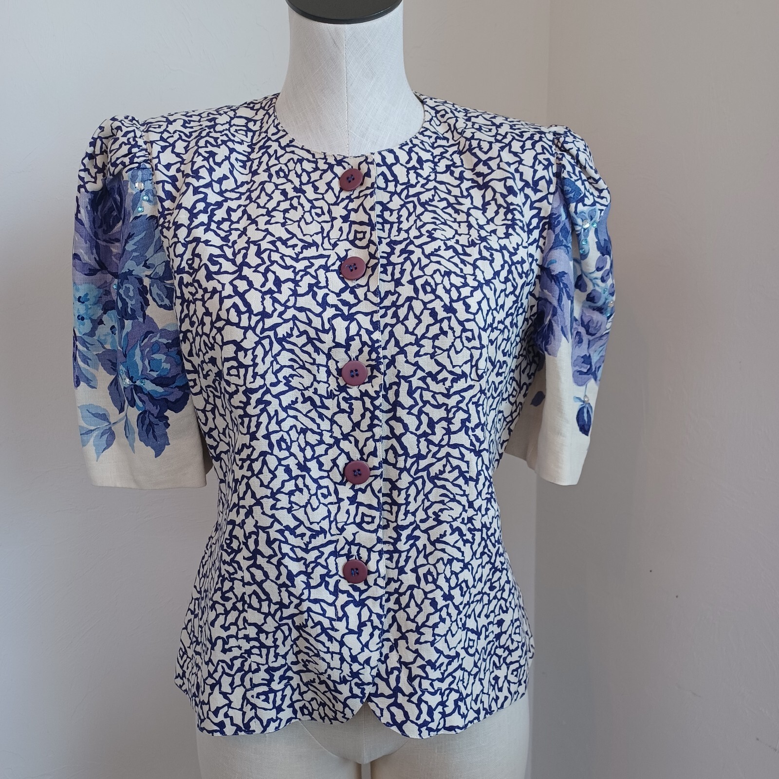 Rickie Freeman Teri Jon Vintage Purple Floral Puff Sleeve Embellished Blouse 8