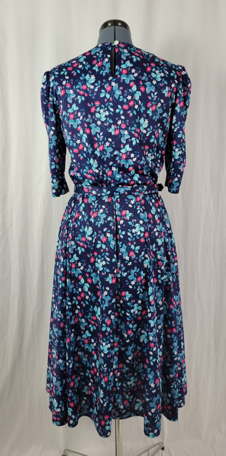 Vintage Whirlaway Blue Floral Dress w White Lace Inset & Matching Belt Size 12