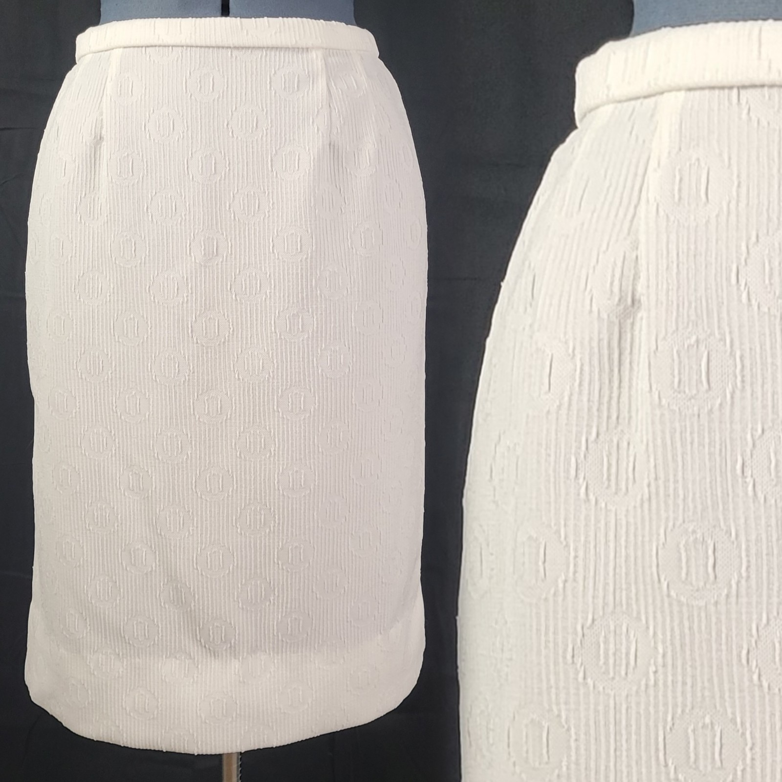 Vtg Handmade Creamy White Fitted Skirt w Textured „O” Pattern Size M? 30″ Waist