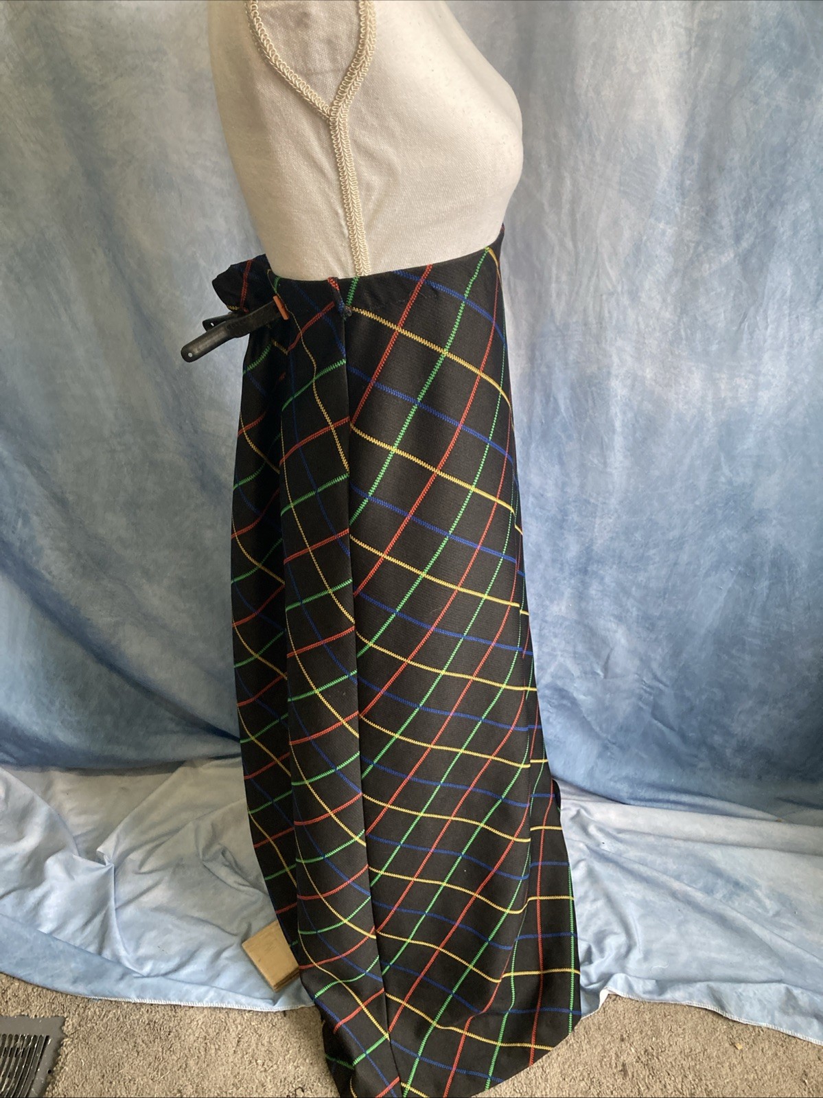 Vtg 70s rrrruss Russ Togs Rainbow Windowpane Plaid Maxi Skirt Black EUC 7020