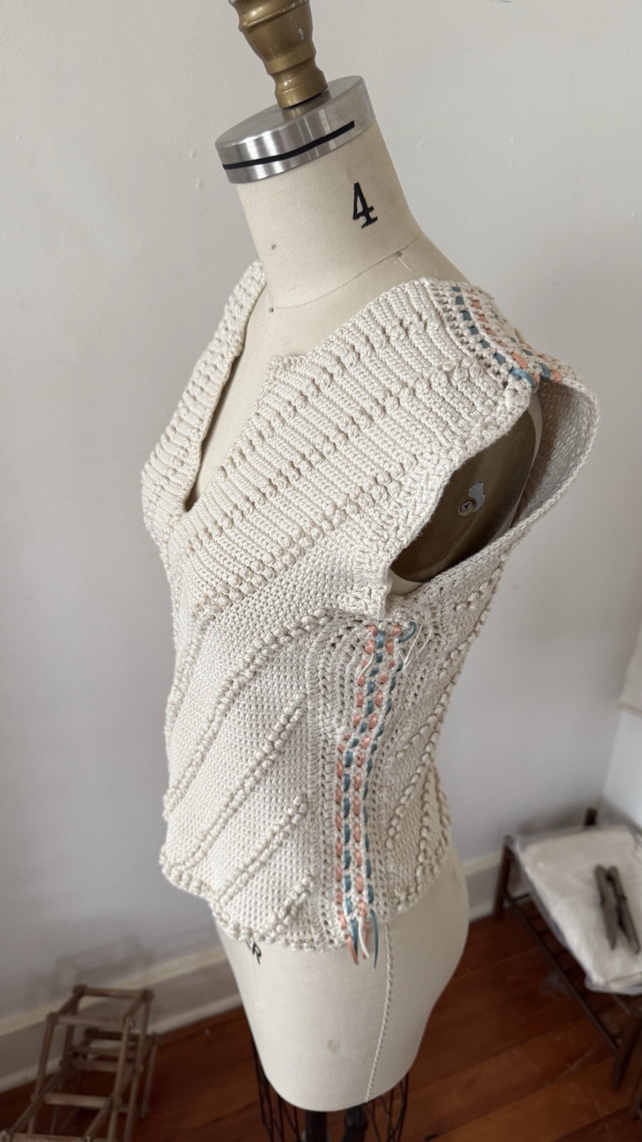 Antique/Vintage Art Deco Popcorn Rayon Hand Crocheted Knit Ribbon Trim Top XS