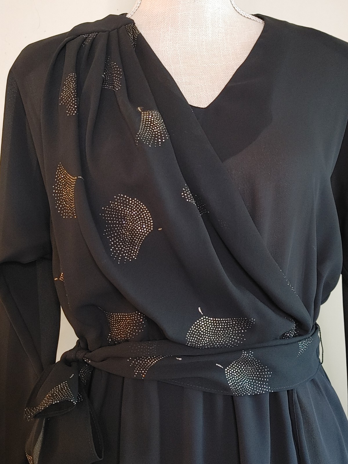 Vintage 80s Black Chiffon Faux Wrap Dress Sally III Disco Cocktail Chic sz M