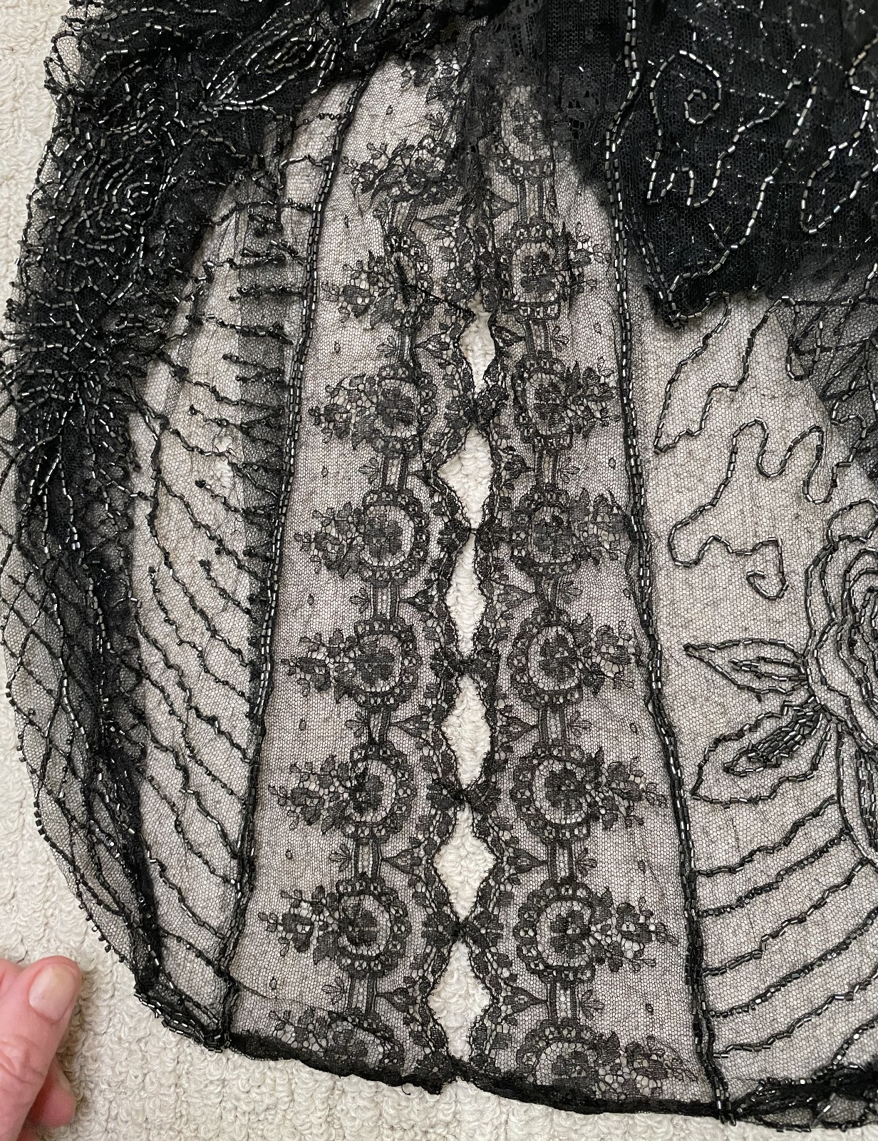 Antique 30s Art Deco Black Lace Sheer Beaded Dress S XS Floral Holes