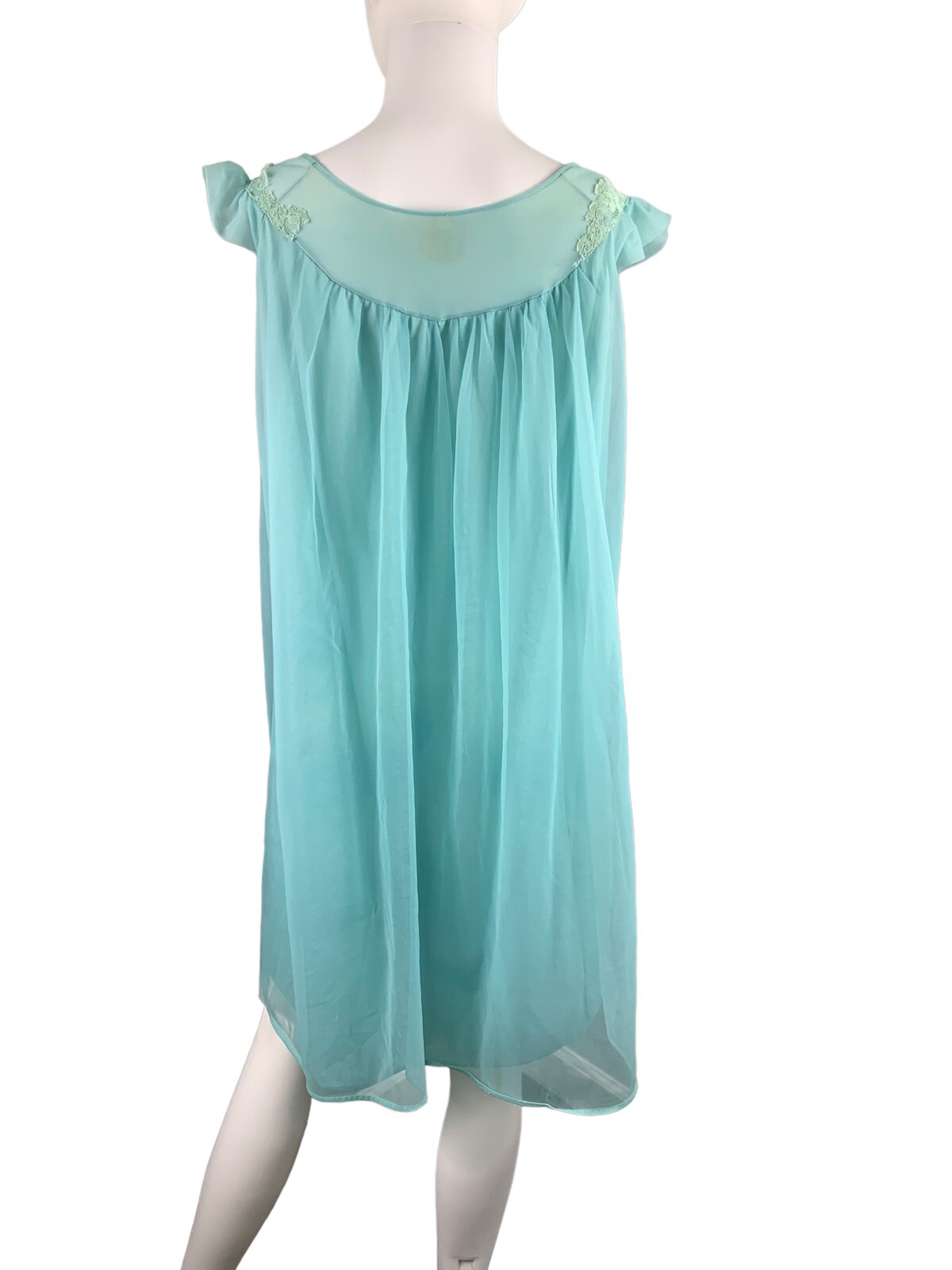 VTG Texsheen Lingerie Chiffon Green Blue Nightgown Dress Nylon Sheer Lace 32