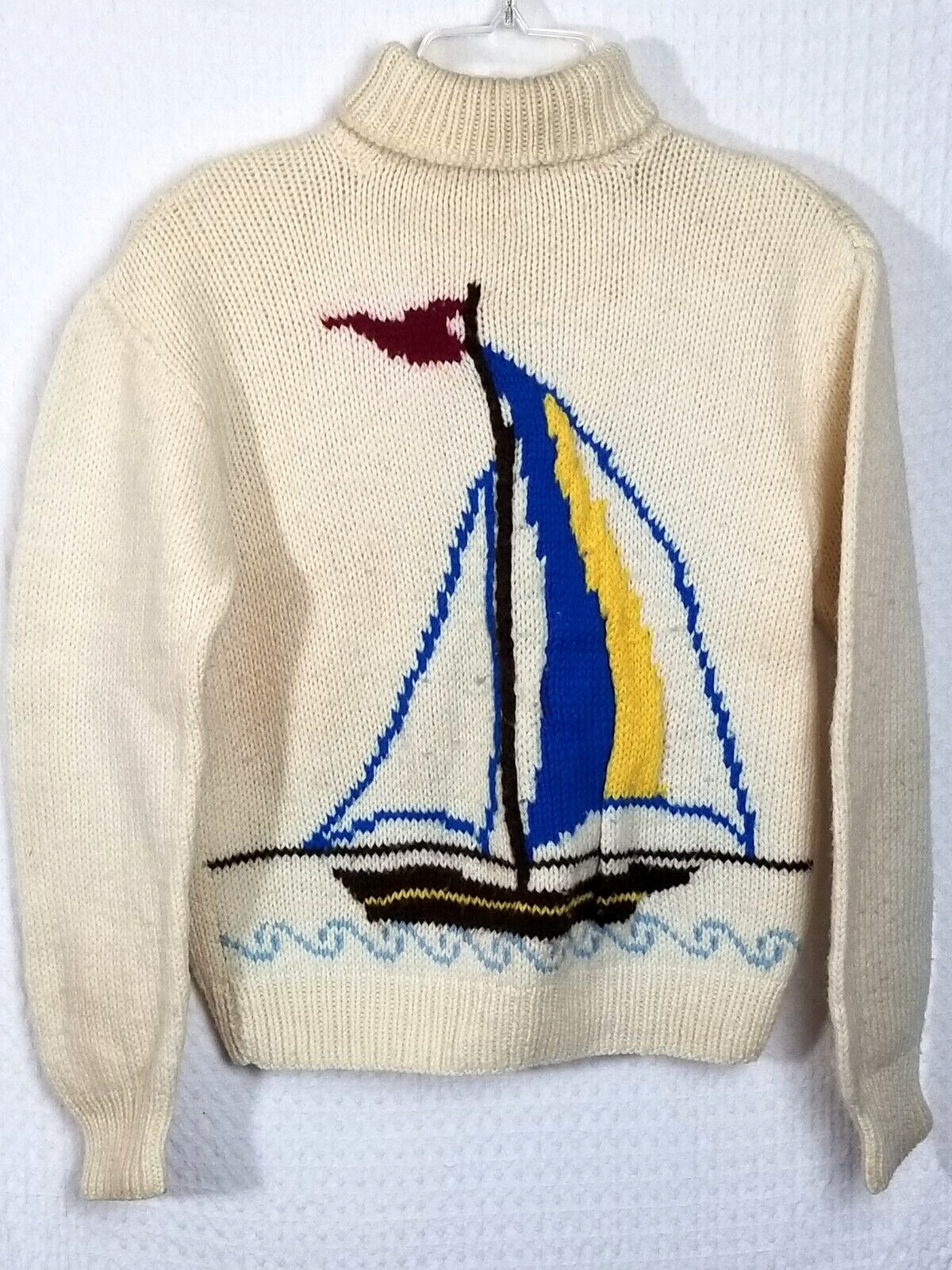 Vtg 70’s White Handmade Wool Knit Sail Boat Embroidered Turtle Neck Sweater Sz S