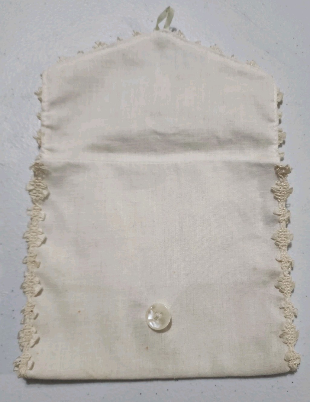 Antique 1920’s Linen Lingerie Hankie bag With Floral Applique Beads, Envelope